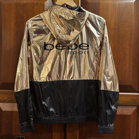 NWT Bebe Sport Womens Gold Hooded Metallic Full Zip Windbreaker Jacket Large - Picture 2 of 16